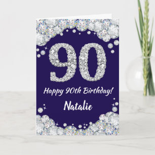 Happy 90th Birthday Navy Blue and Silver Glitter Card