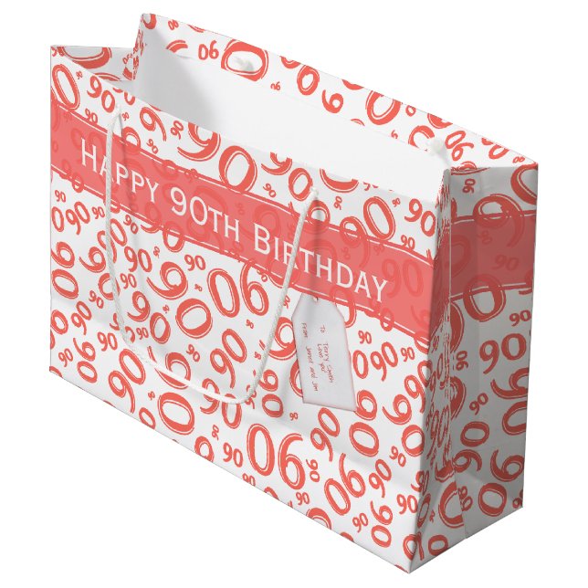 Happy 90th Birthday Number Pattern Coral/White Large Gift Bag (Front Angled)