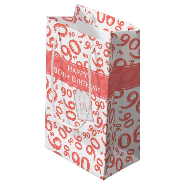 Happy 90th Birthday Number Pattern Coral/White Small Gift Bag (Front Angled)