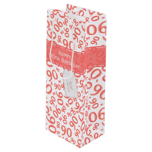 Happy 90th Birthday Number Pattern Coral/White Wine Gift Bag (Front Angled)