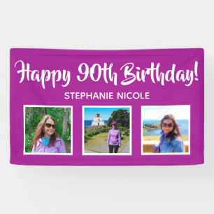 Happy 90th Birthday Pink Personalized 3 Photos Banner