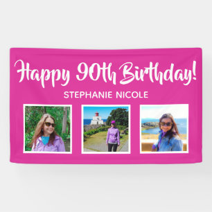 Happy 90th Birthday Pink Personalized 3 Photos Banner
