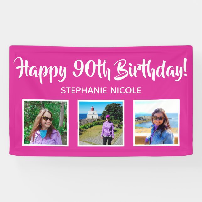 Happy 90th Birthday Pink Personalized 3 Photos Banner (Horizontal)