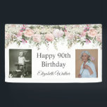 Happy 90th Birthday Pink Roses Floral 2 Photos Banner<br><div class="desc">A beautifully feminine birthday party banner to celebrate a 90th birthday in elegant style, this floral design is bordered in charming pink roses, mixed flowers and trailing greenery It has a text template for adding 2 photos of the guest of honour: Shown here with a childhood photo and a current...</div>