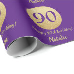 Happy 90th Birthday Purple and Gold Glitter Wrapping Paper<br><div class="desc">Happy 90th Birthday Purple and Gold Glitter Wrapping Paper with personalized name. For further customization,  please click the "Customize it" button and use our design tool to modify this template.</div>