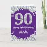 Happy 90th Birthday Purple and Silver Glitter Card<br><div class="desc">Happy 90th Birthday Purple and Silver Glitter Card with personalized name. For further customization,  please click the "Customize it" button and use our design tool to modify this template.</div>