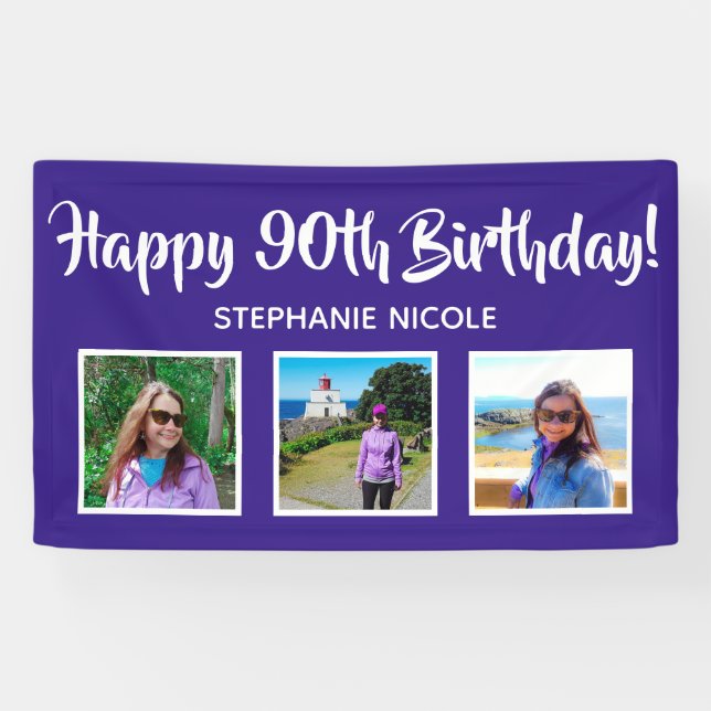 Happy 90th Birthday Purple Personalized 3 Photos Banner (Horizontal)
