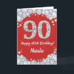 Happy 90th Birthday Red and Silver Glitter Card<br><div class="desc">Happy 90th Birthday Red and Silver Glitter Card with personalized name. For further customization, please click the "Customize it" button and use our design tool to modify this template.</div>