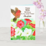 Happy 90th Birthday Special Friend Petunias Finch Card<br><div class="desc">A custom name and age birthday card for someone special featuring a little finch visiting a garden of red and white petunia flowers hand painted with watercolor. On the front you can customize the age and name. On the inside you can customize the message and the colour.</div>