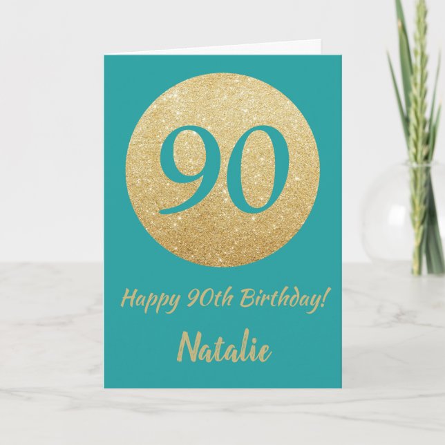 Happy 90th Birthday Teal and Gold Glitter Card (Front)