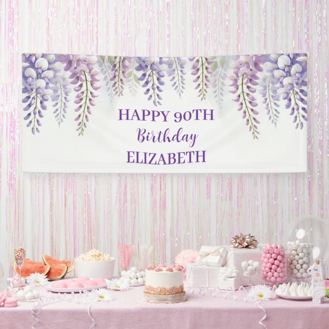 Happy 90th Birthday Wisteria Purple Flowers Banner (Party)