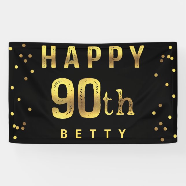 Happy 90th Faux Gold Foil Confetti Black Banner (Horizontal)