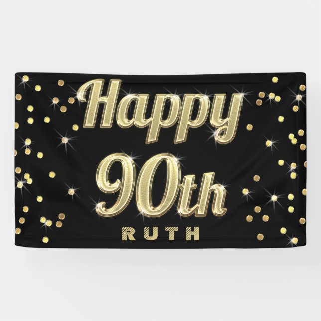 Happy 90th Gold Bling Typography Confetti Black Banner (Horizontal)