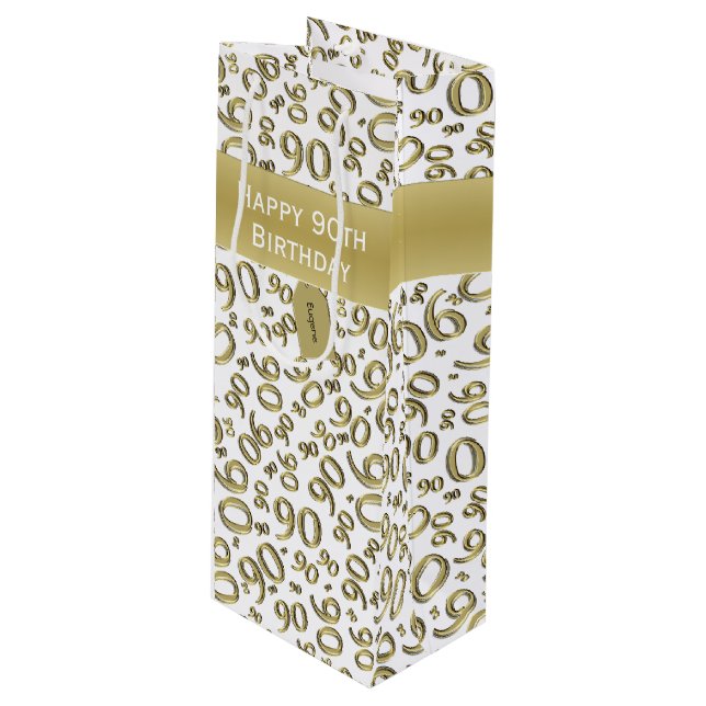 Happy 90th Random Number Pattern Gold/White Wine Gift Bag (Front Angled)