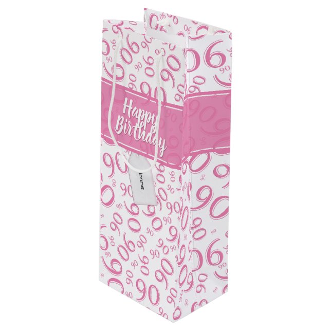 Happy 90th Random Number Pattern Pink/White Wine Gift Bag (Front Angled)