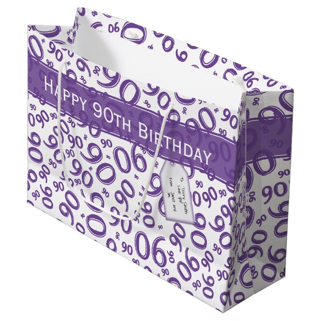 Happy 90th Random Number Pattern Purple/White Large Gift Bag (Front Angled)