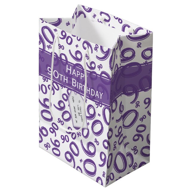 Happy 90th Random Number Pattern Purple/White Medium Gift Bag (Front Angled)