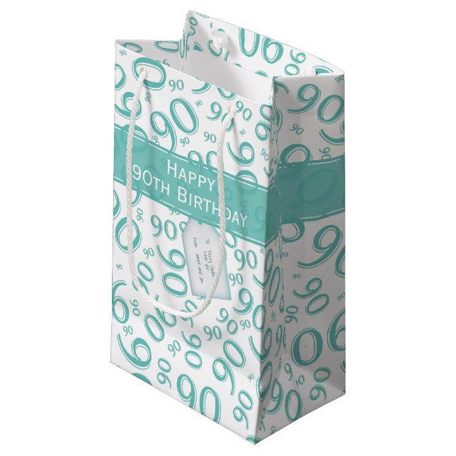 Happy 90th Random Number Pattern Teal/White Small Gift Bag (Front Angled)