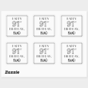 HAPPY 91ST BIRTHDAY, Art Deco Style, Custom Name Square Sticker