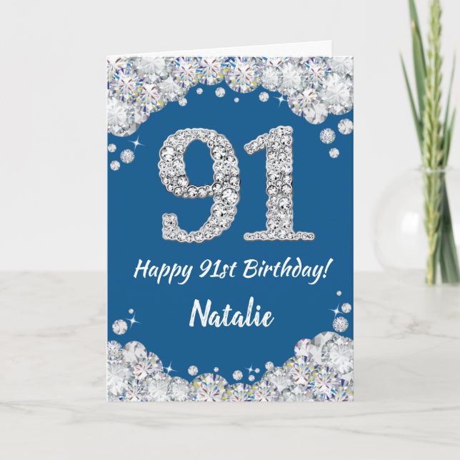 Happy 91st Birthday Blue and Silver Glitter Card (Front)