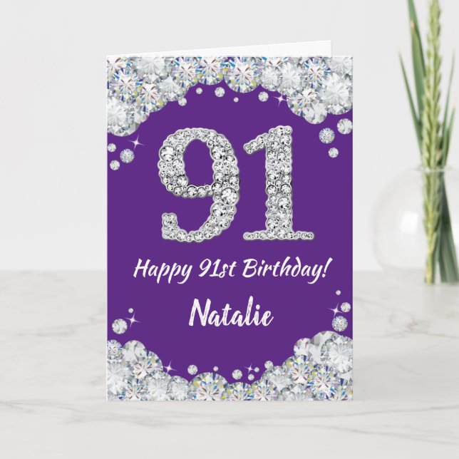 Happy 91st Birthday Purple and Silver Glitter Card (Front)