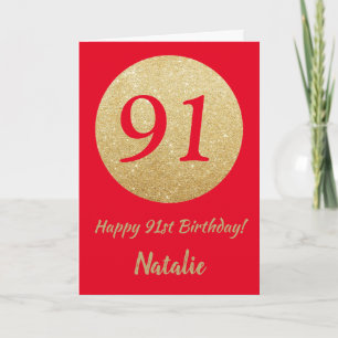 Happy 91st Birthday Red and Gold Glitter Card