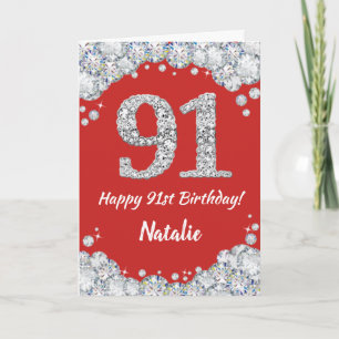 Happy 91st Birthday Red and Silver Glitter Card