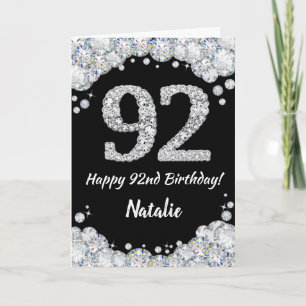 Happy 92nd Birthday Black and Silver Glitter Card
