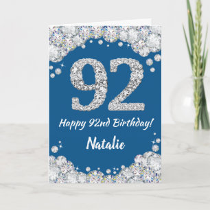 Happy 92nd Birthday Blue and Silver Glitter Card