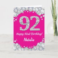 Happy 92nd Birthday Hot Pink and Silver Glitter