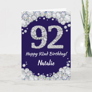 Happy 92nd Birthday Navy Blue and Silver Glitter Card