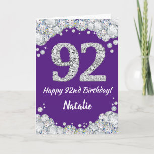 Happy 92nd Birthday Purple and Silver Glitter Card