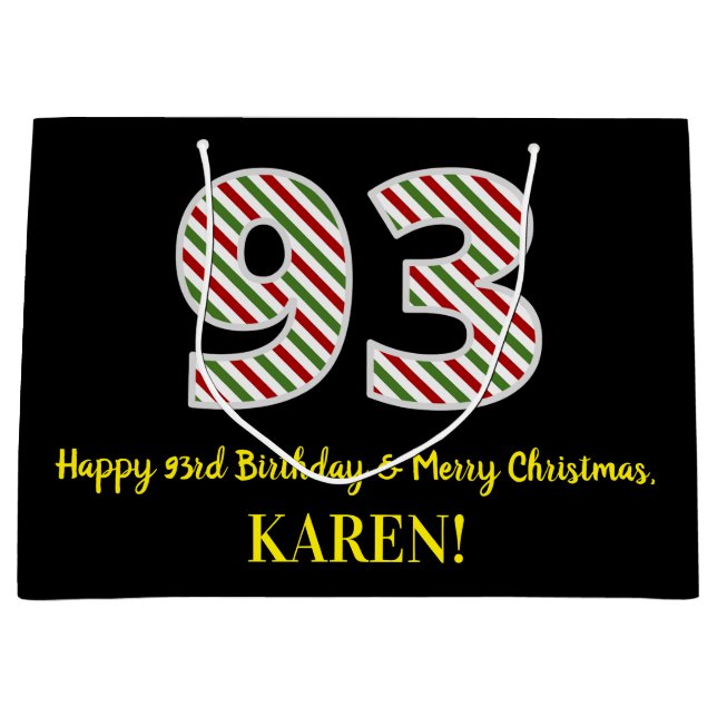 Happy 93rd Birthday & Merry Christmas, Custom Name Large Gift Bag (Front)