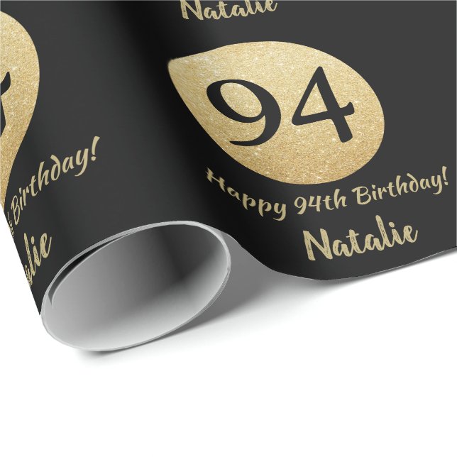 Happy 94th Birthday Black and Gold Glitter Wrapping Paper (Roll Corner)