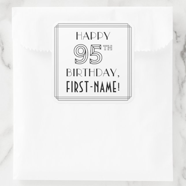 HAPPY 95TH BIRTHDAY, Art Deco Style, Custom Name Square Sticker (Bag)