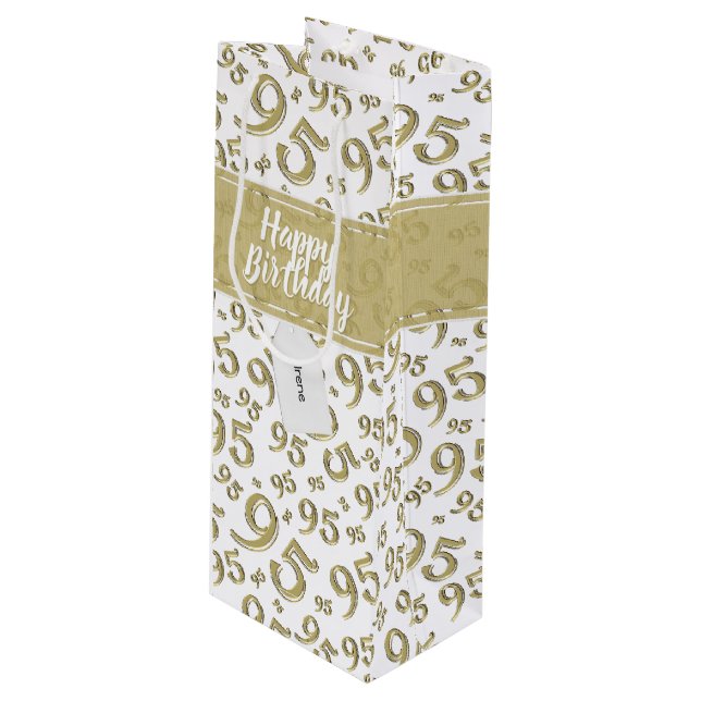 Happy 95th Birthday Number Pattern Gold Wine Gift Bag (Front Angled)