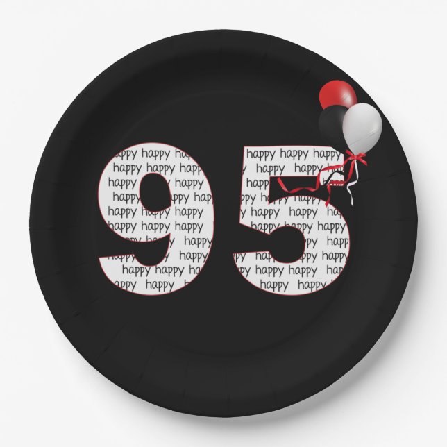 Happy 95th Birthday On Black Paper Plate (Front)