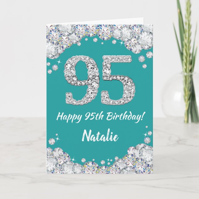 Happy 95th Birthday Teal and Silver Glitter Card (Front)