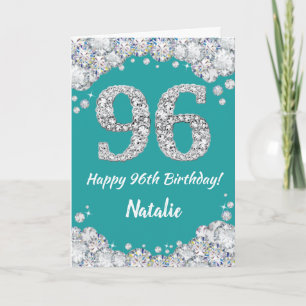 Happy 96th Birthday Teal and Silver Glitter Card