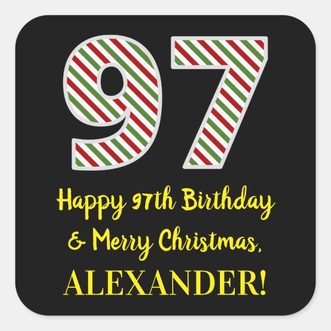 Happy 97th Birthday & Merry Christmas, Custom Name Square Sticker (Front)