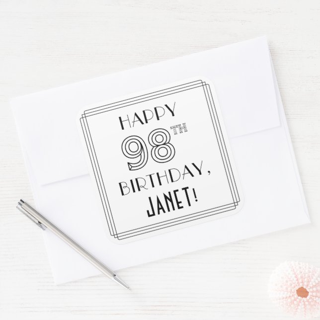 HAPPY 98TH BIRTHDAY, Art Deco Style, Custom Name Square Sticker (Envelope)