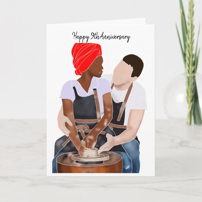 Happy 9th Anniversary Interracial Couple Clay Card (Front)