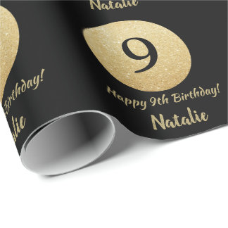 Happy 9th Birthday Black and Gold Glitter Wrapping Paper