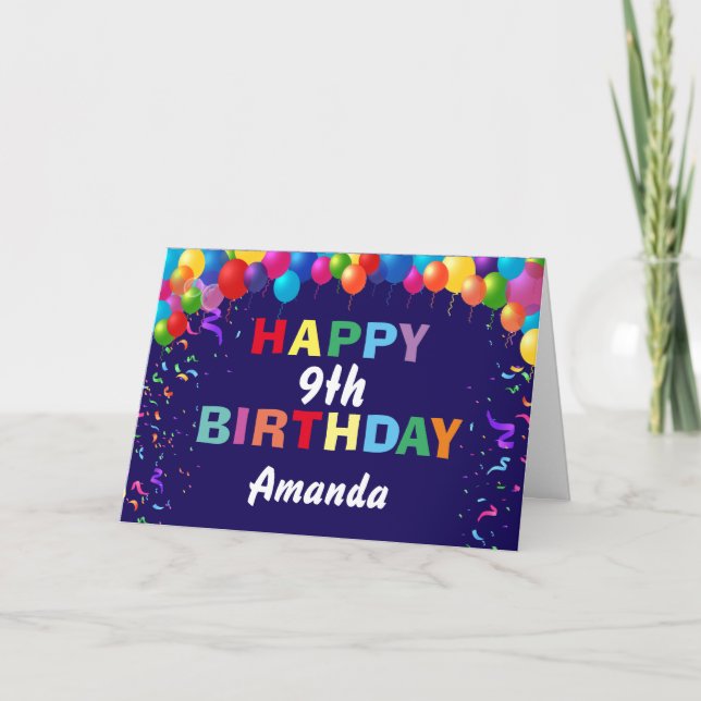 Happy 9th Birthday Colourful Balloons Navy Blue Card (Front)
