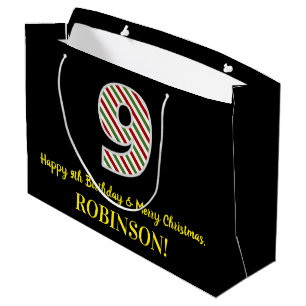 Happy 9th Birthday & Merry Christmas, Custom Name Large Gift Bag