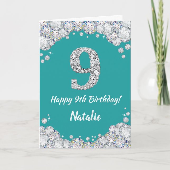 Happy 9th Birthday Teal and Silver Glitter Card (Front)