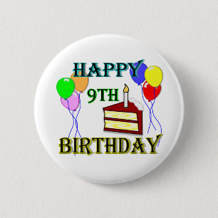 Happy 9th Birthday with Cake, Balloons and Candle 2 Inch Round Button