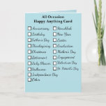 Happy All Occasion Holiday Birthday and More Card<br><div class="desc">This card is an all occasion "happy" card. On the front are different occasions and holidays in a script front with white check boxes in front of them, on a sky blue background. On the inside of this Happy All Occasion card, you'll see lots of graphics representing each holiday/occasion. A...</div>