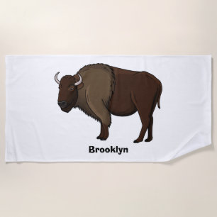 Happy American bison buffalo illustration  Beach Towel