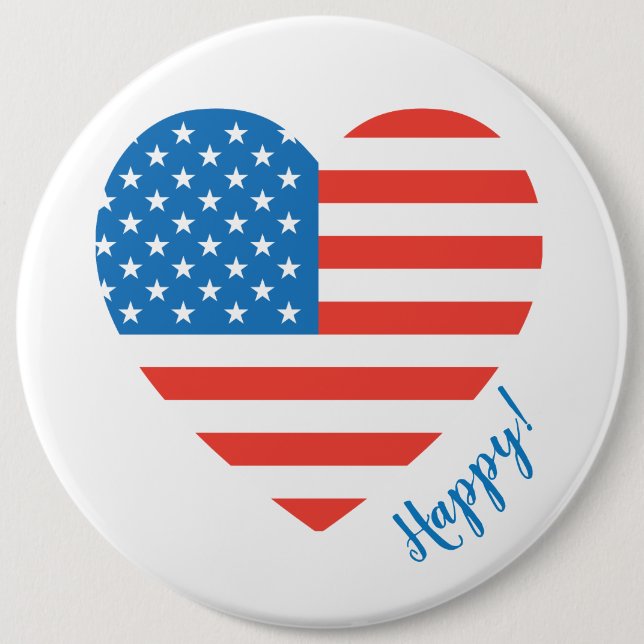 Happy American USA Flag Heart 4th July Personalize 6 Inch Round Button (Front)